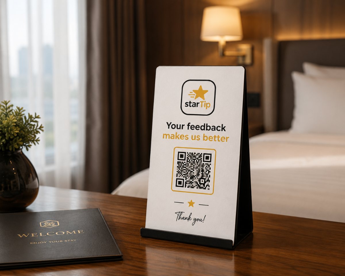 Cartel con el QR de StarTip en una habitación de hotel